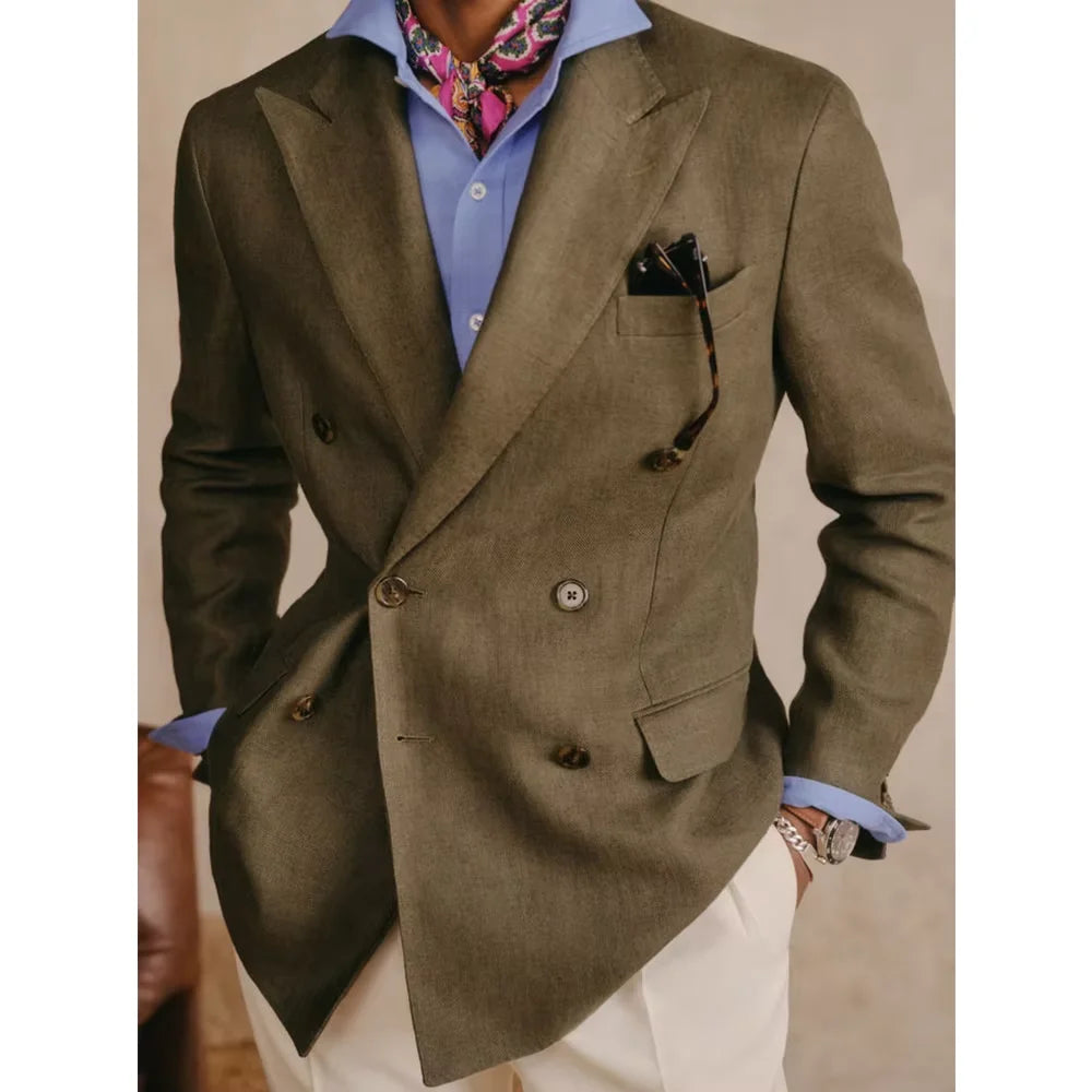 Men's Cotton Linen Blazer Vintage Double Breasted Slim Fit Peak Lapel Breathable Lightweight Summer Formal Jacket Business Casua