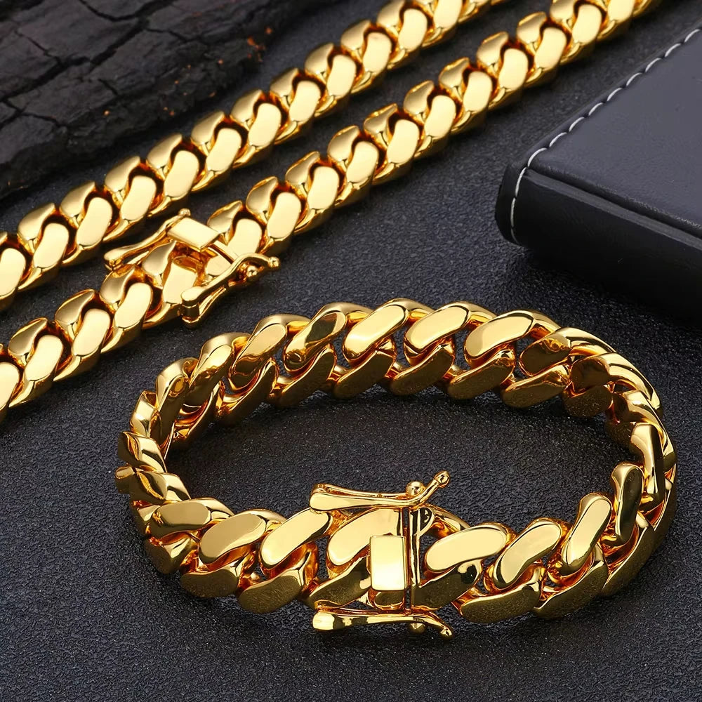 8-22mm Hip Hop Bling Gold Color Stainless Steel  Cuban Miami Link Chain Necklaces for 18k Gold-plated Men Rapper Jewelry(1PC)