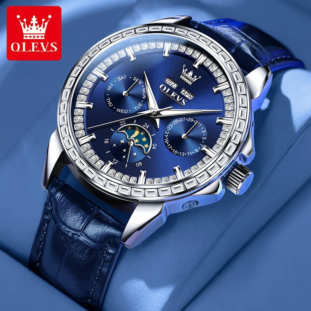 OLEVS 6695 NEW Men's Watches Full Diamond Multifunctional Dial Blue Leather Strap Calendar Week Moon Phase Waterproof Wristwatch