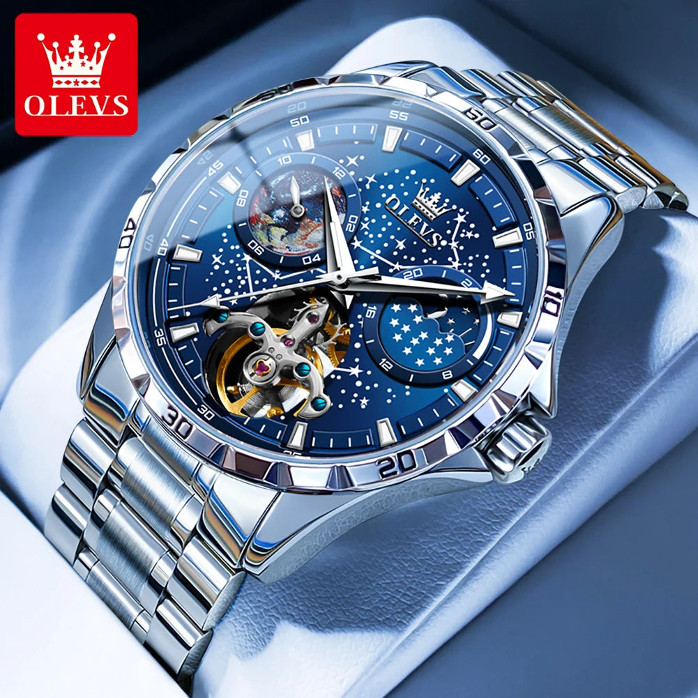 OLEVS Men's Watches Waterproof Multifunctional Luminous Fully Automatic Mechanical Watch Moon Phase Starry Original TOP Brand