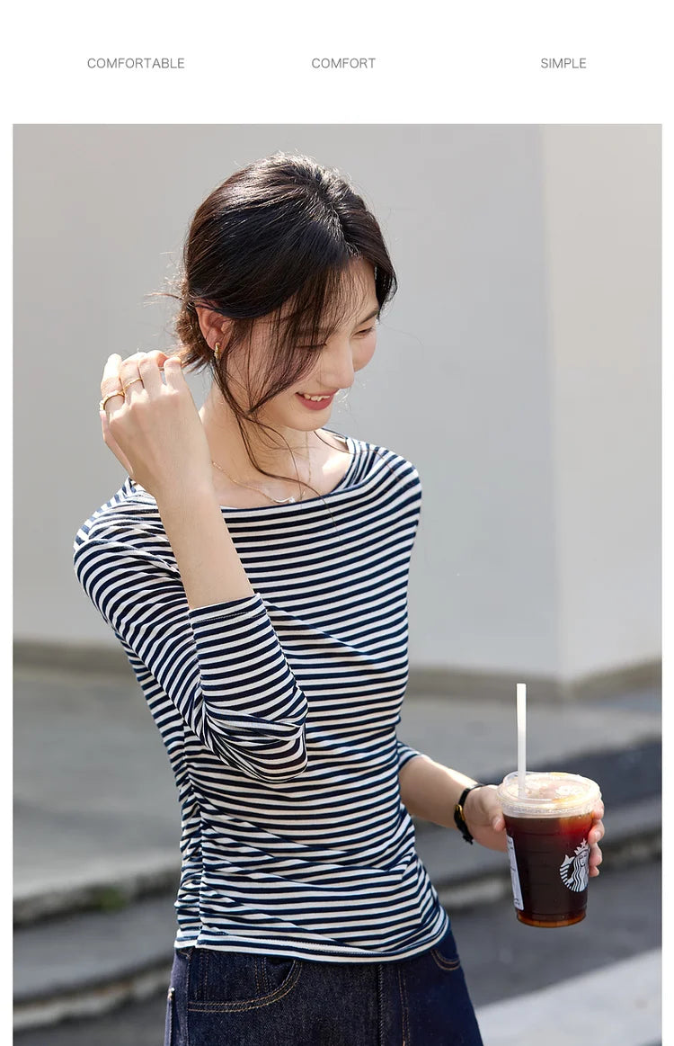 VIMLY Tops Woman 2026 Spring Fall Slash Neck Long Sleeve Ladies T-shirts Casual Knitted Slim Fit Strecth Female Tees A3039
