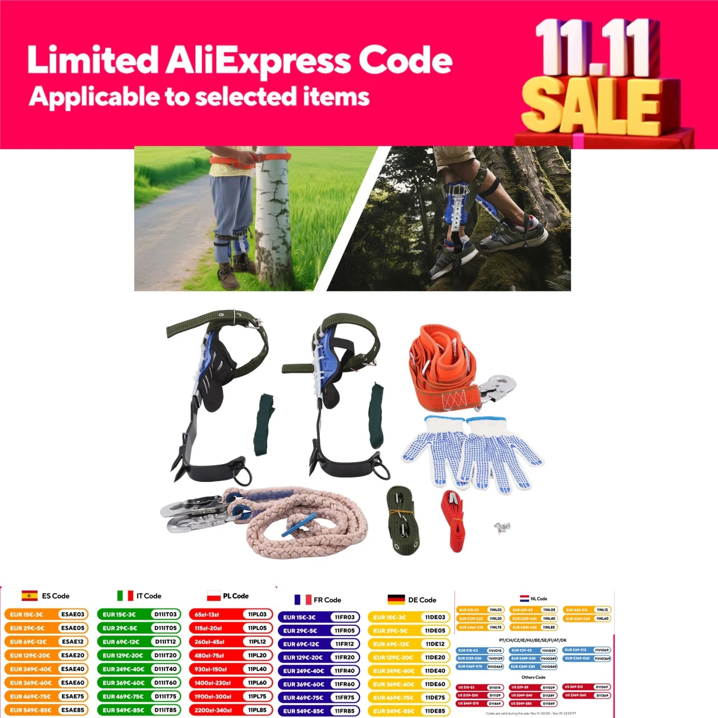 Tree Climbing Spike Set Adjustable Pole Climbing Gear Kit with Safety Belt & Straps