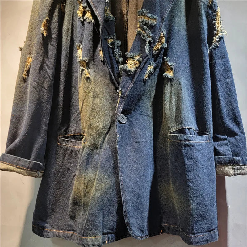 WTHT Vintage Fashion Women's Broken Hole Denim Coat 2024 Winter Trendy Turn-down Collar Long Sleeves Jacket Female 1LS439