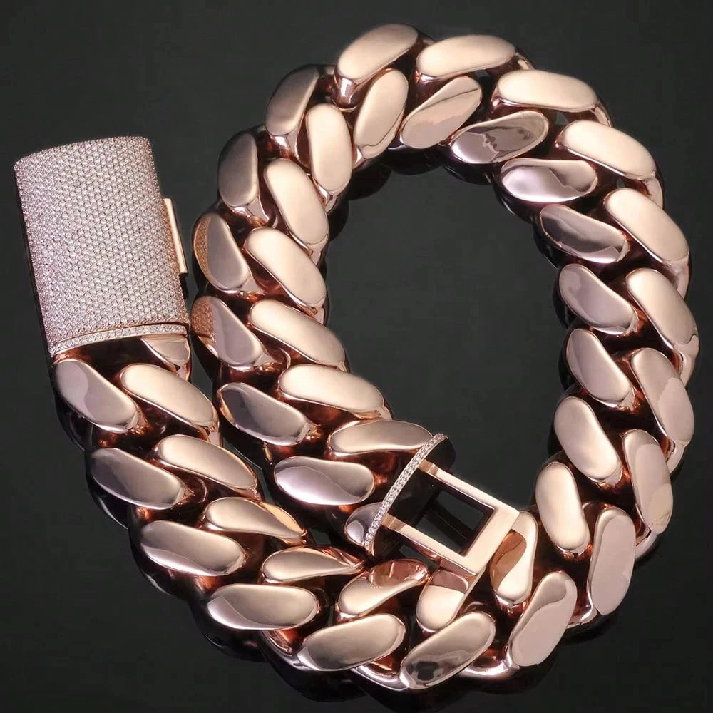 14-22mm Rose Gold  Stainless Steel Cuban Miami Link Chain Iced Out CZ Box Clasp Necklace Fashion Hip Hop Unisex Jewelry (1PC)