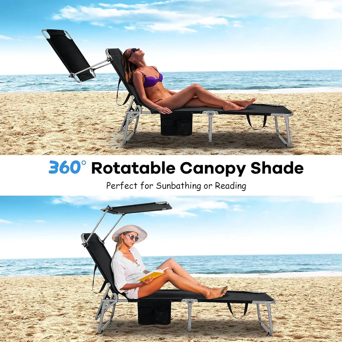 Beach Chair with Canopy Shade, Folding Tanning Lounge with Adjustable Backrest, Carry Handle & Side Pocket,, Customized