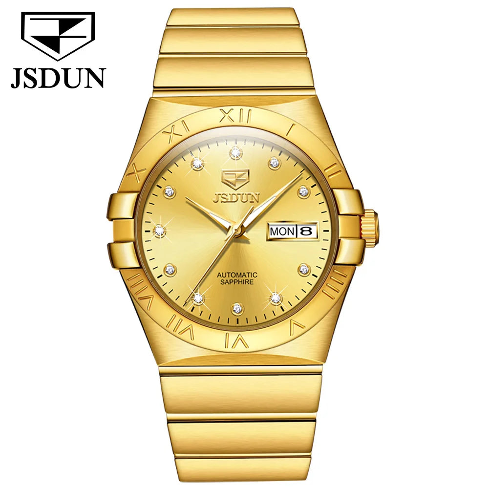 JSDUN Automatic Couple Watches Japan Movement Sapphire Mirror 100M Waterproof Luxury Diamond Gold Watch Lover's Watch Set Gift