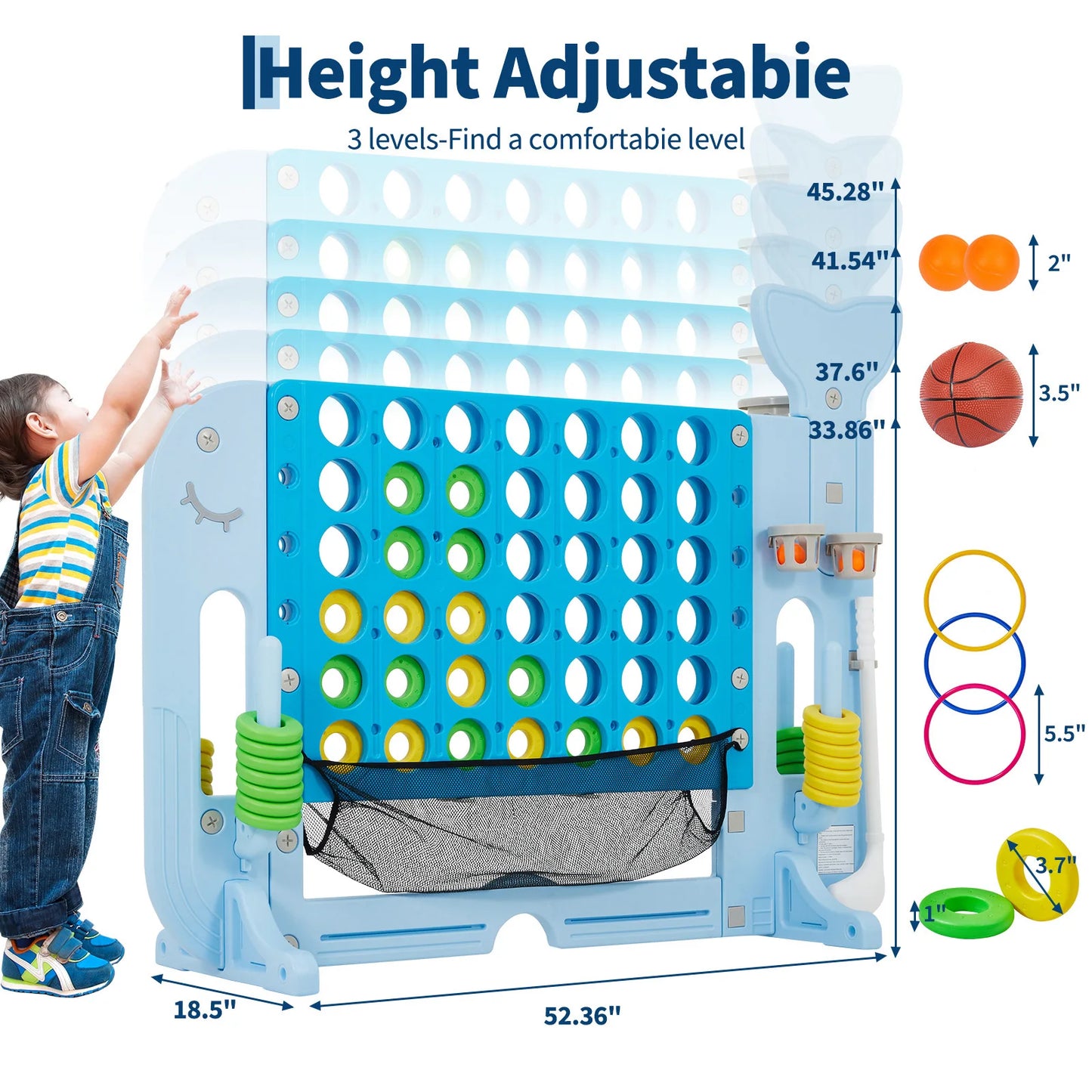 4-in-1 Giant Connect Game Set Adjustable Height, Basketball Hoop, Ring Toss and Net Jumbo Outdoor Yard Game for Families Events