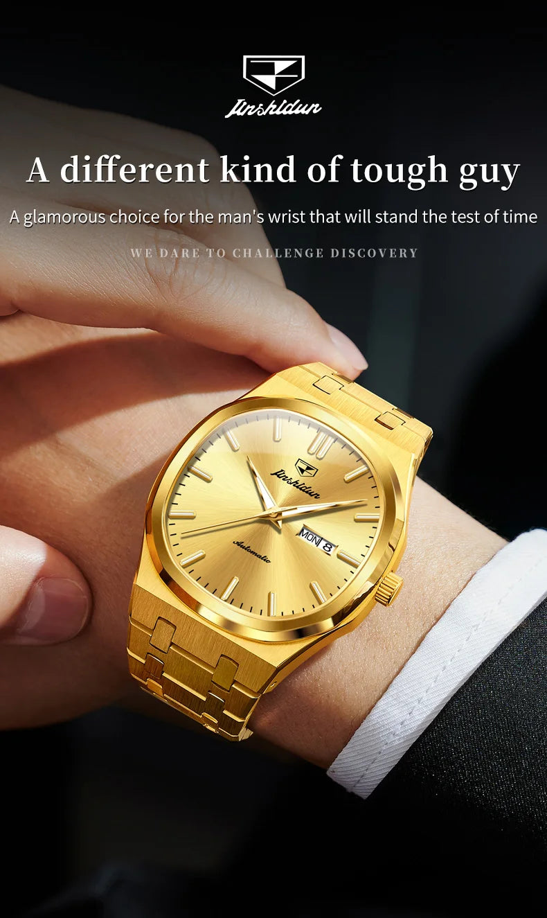 JSDUN 8966 Full Gold Watch for Men Automatic Mechanical Dual Calendar Display Waterproof Night light Man Wristwatch