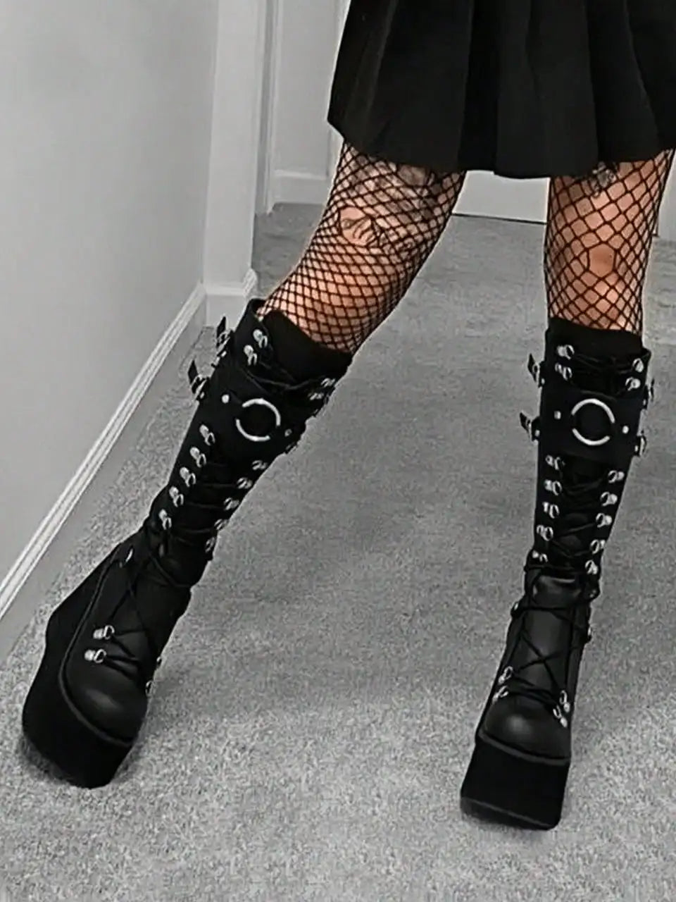 Women Gothic Punk Knee High Boots Wedges High Heel Platform Halloween Motorcycle Shoes Luxury Long Booties