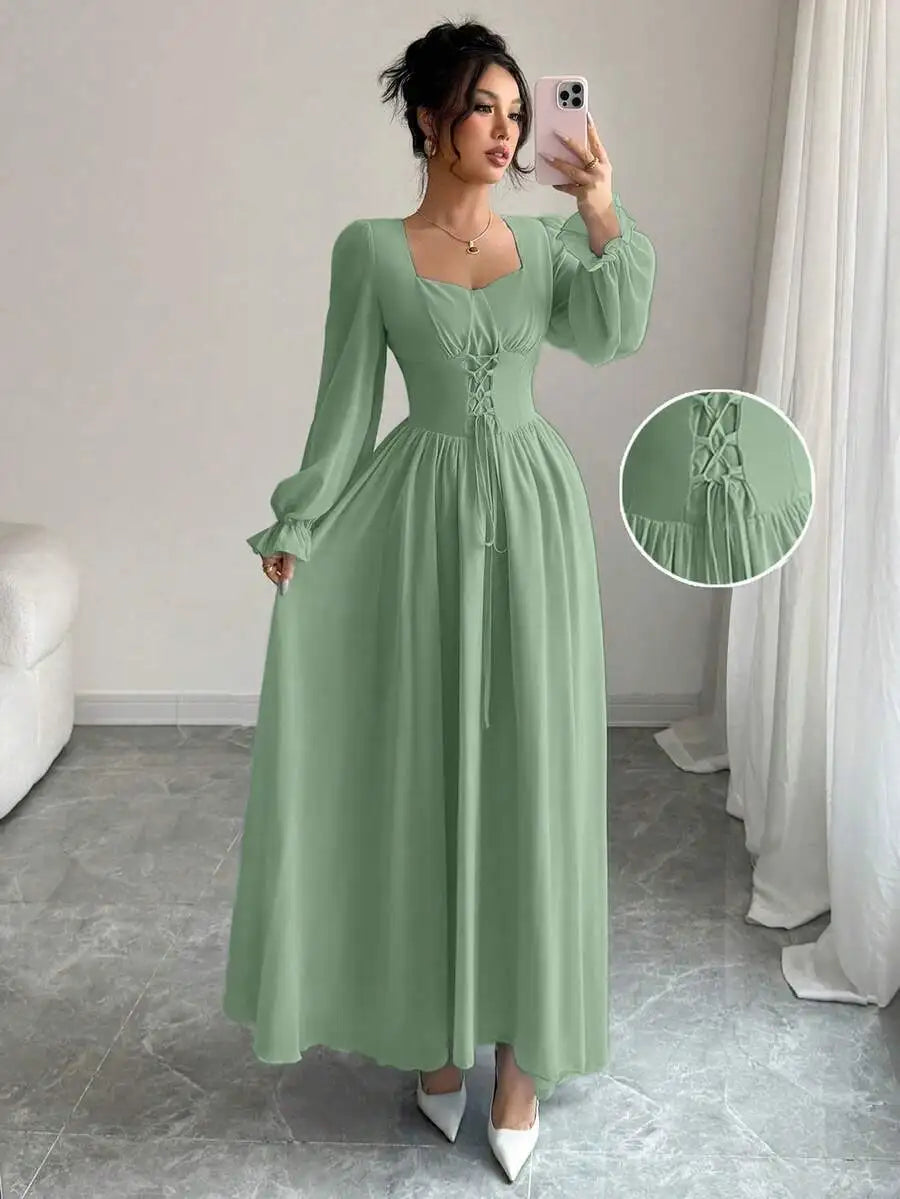 Elegant Blue Long Sleeve Maxi Dress with Corset Lace-Up Waist, Square Neck, Ruffled Cuffs for Spring Summer Events