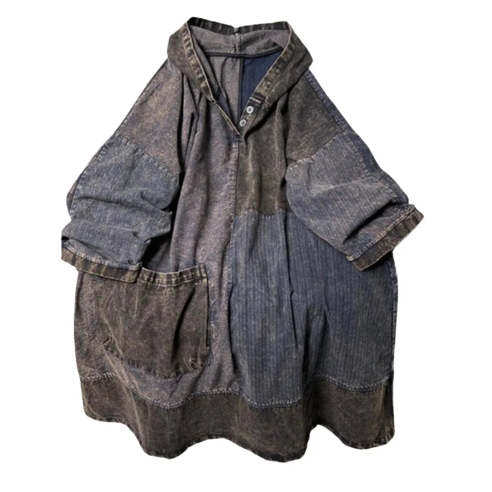 Chinese Style Personalized Old Fabric Denim Patchwork Hooded Vintage Loose Long Sleeved Dress Women Spring Autumn MCP008