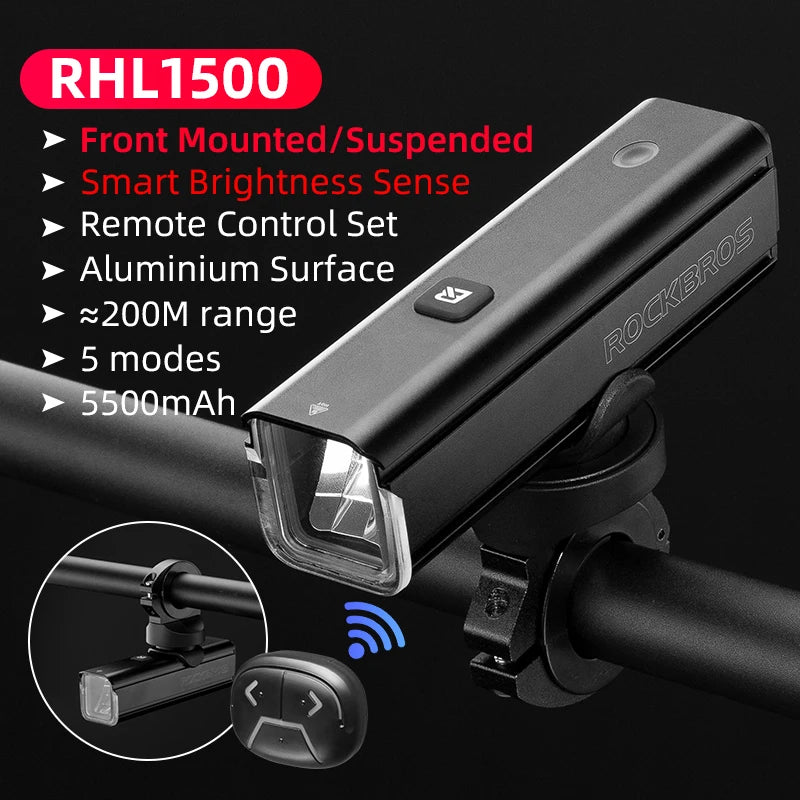 ROCKBROS Bike Light 1500LM 5000mAh Bicycle Lights IPX6 Aluminum Type-C Rechargeable Smart Brightness Sense Adjust Cycling Lamp