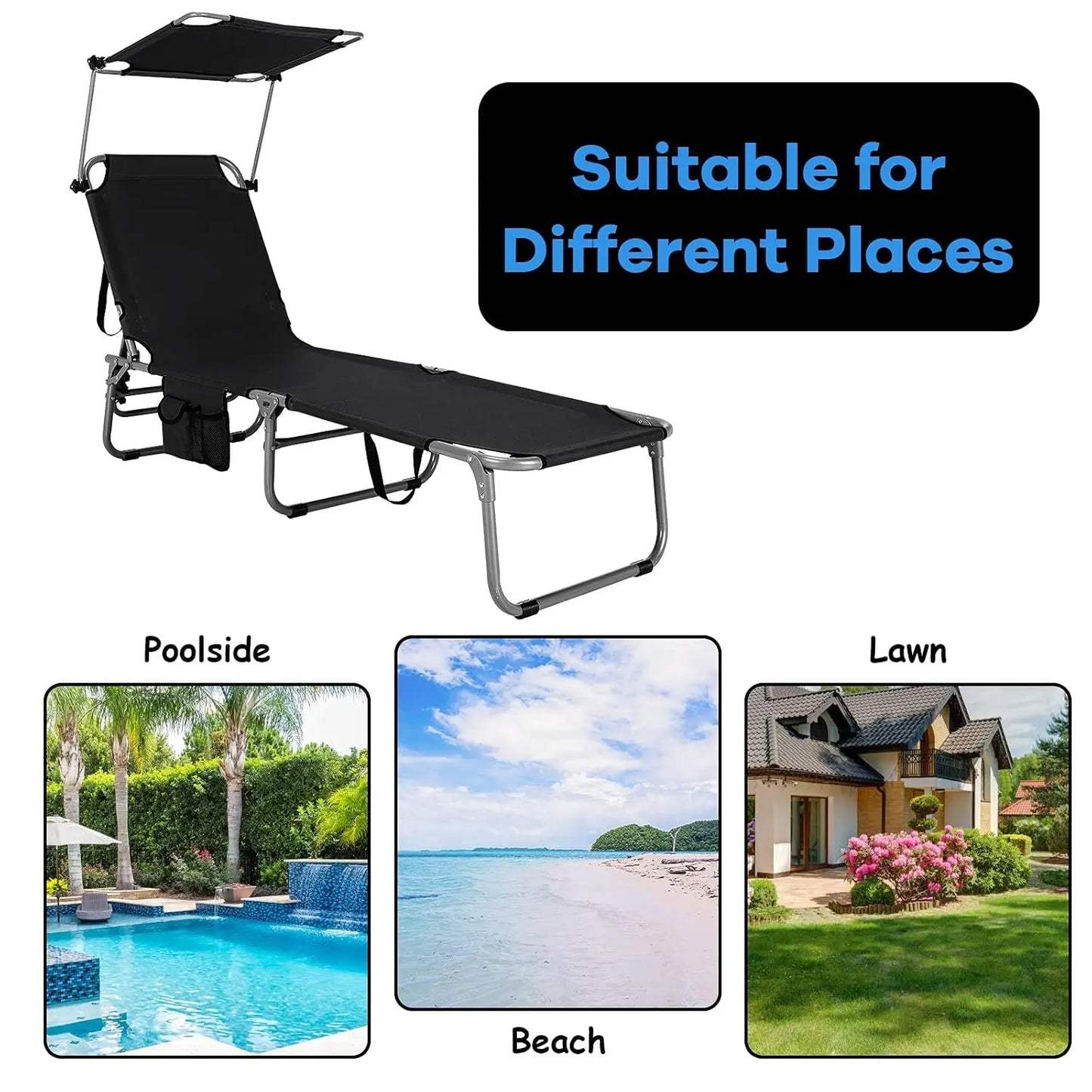Beach Chair with Canopy Shade, Folding Tanning Lounge with Adjustable Backrest, Carry Handle & Side Pocket,, Customized