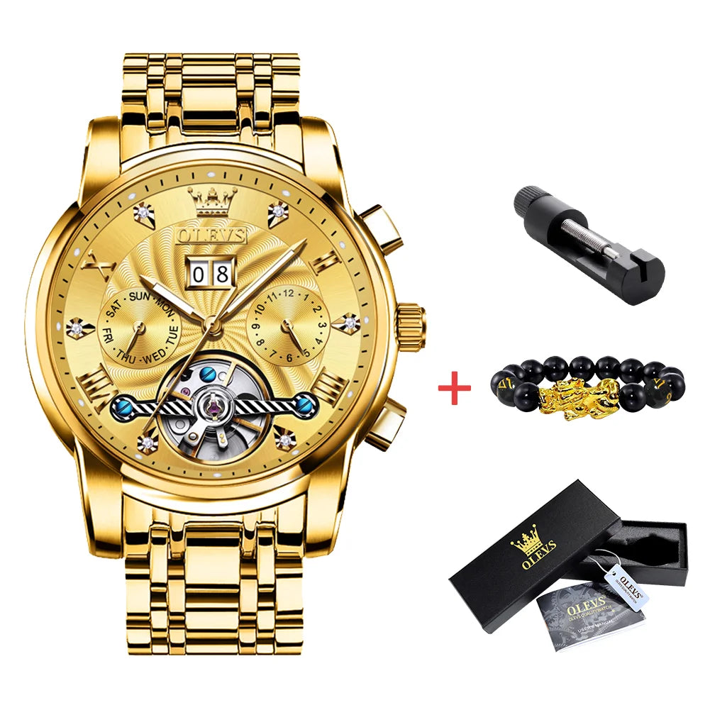 OLEVS Mechanical Watches Automatic Watch Men Waterproof Stainless Steel Strap Skeleton Gold Watch Male Wristwatch