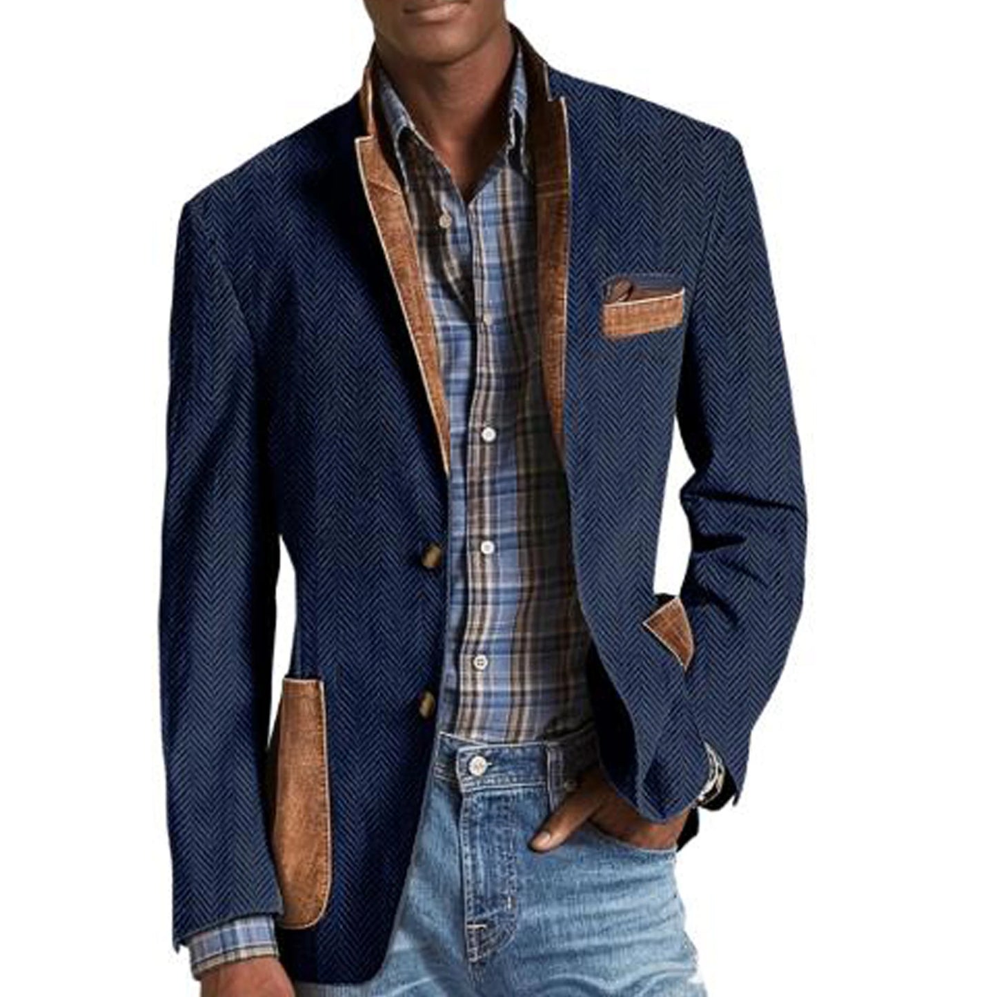 Vintage Men's Herringbone Blazer Casual Patchwork Suede Trim Notched Collar Suit Jacket Slim Fit Fashion Business Sport Coat