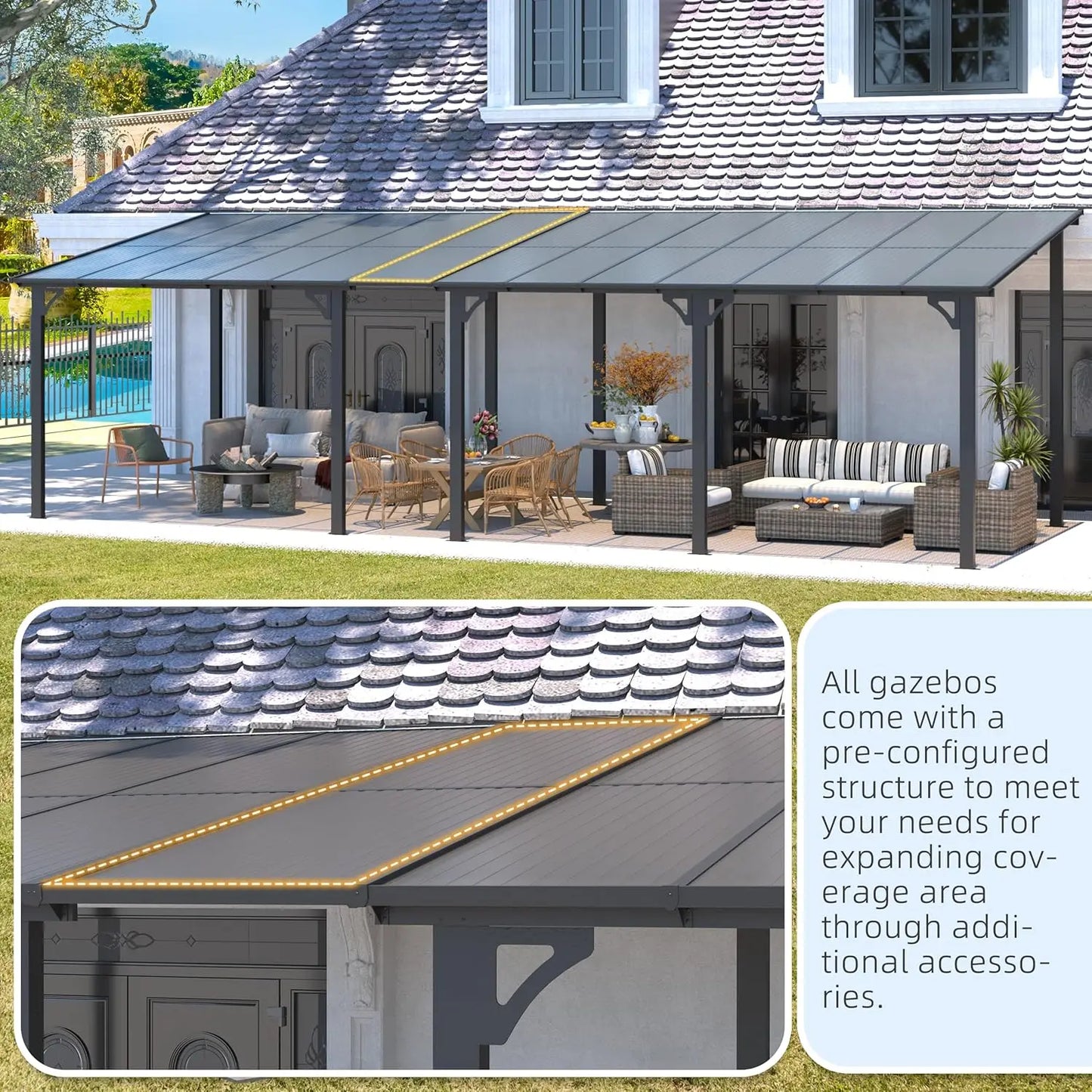 Wall Gazebo12’ x 10’, Hard Top Gazebos Pergola on Clearance, Outdoor Patio Lean to Gazebo Canopy Awnings for Deck,, Customized
