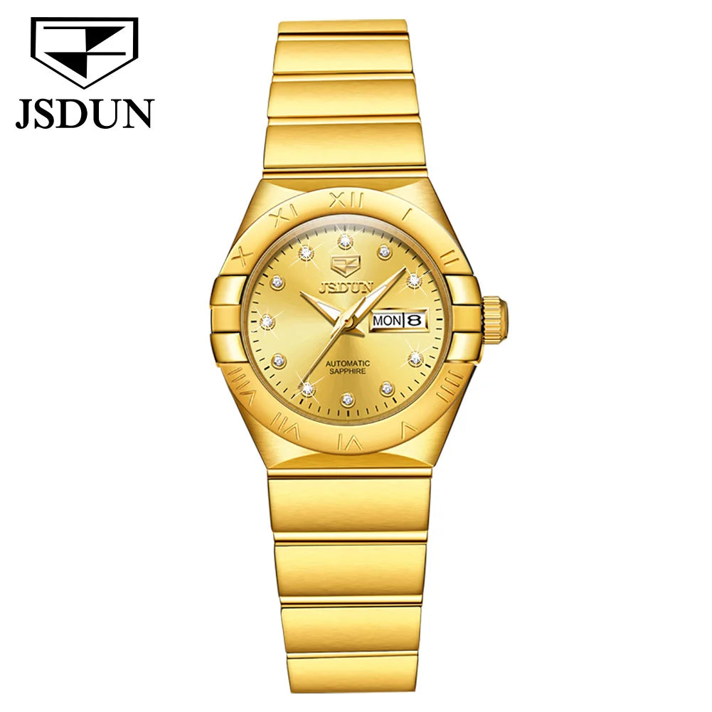 JSDUN Automatic Couple Watches Japan Movement Sapphire Mirror 100M Waterproof Luxury Diamond Gold Watch Lover's Watch Set Gift