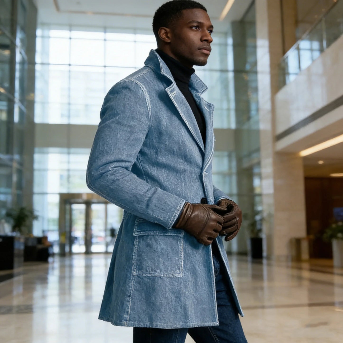 1940s Men's Washed Denim Trench Coat Mid Length Vintage Slim Fit Notched Lapel Faded Jean Coat For Business Casual Daily Wear