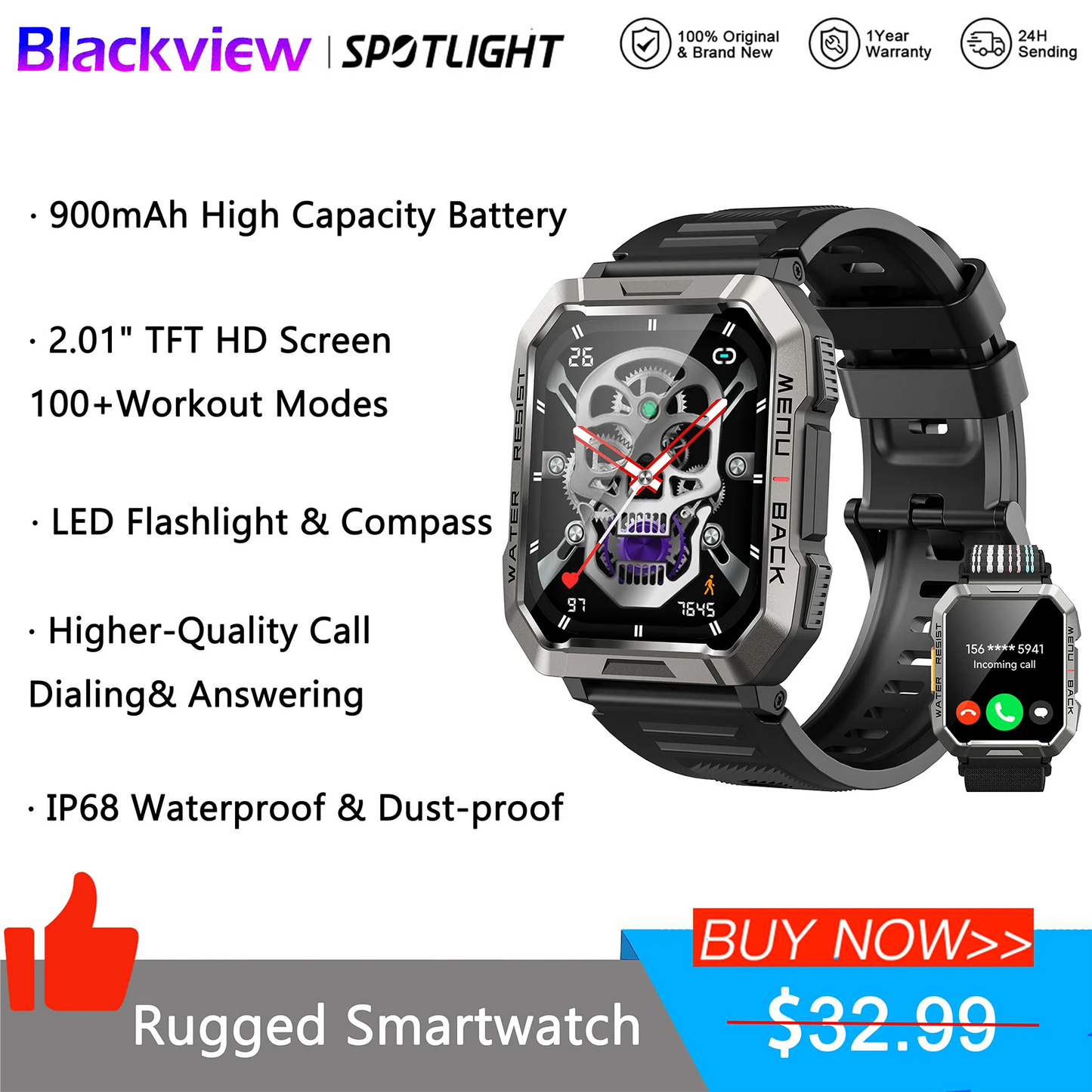 Blackview New Smart Watch 2.01'' HD Display Outdoor Men's Watches with Emergency Lighting Bluetooth Call Waterproof Smartwatch