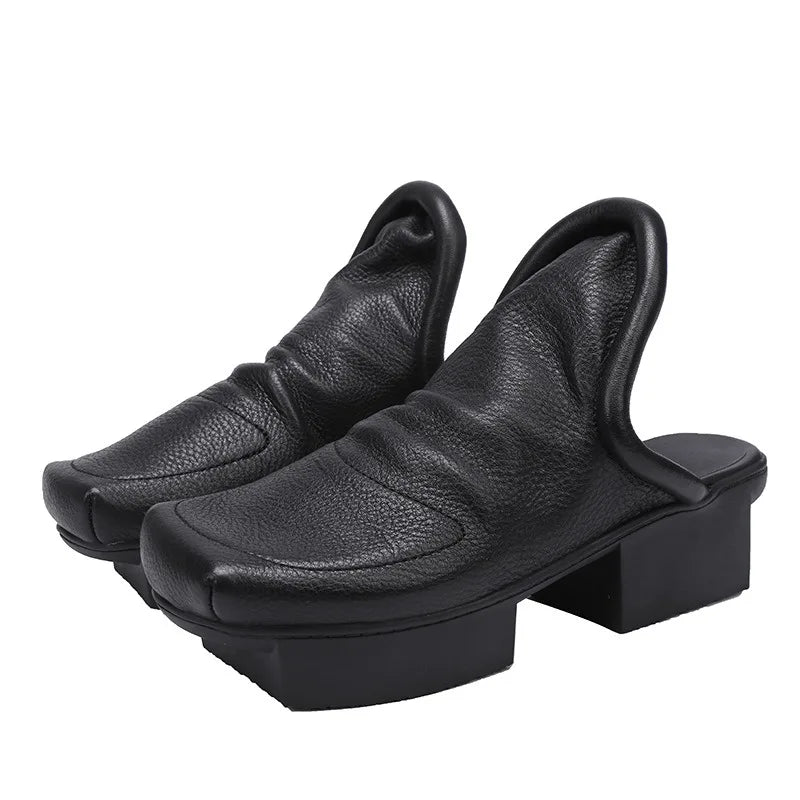 Birkuir Retro Thick Heel Closed Toe Slippers Slip On Women Outdoors Slides Spring Summer Genuine Leather Slippers Size 41
