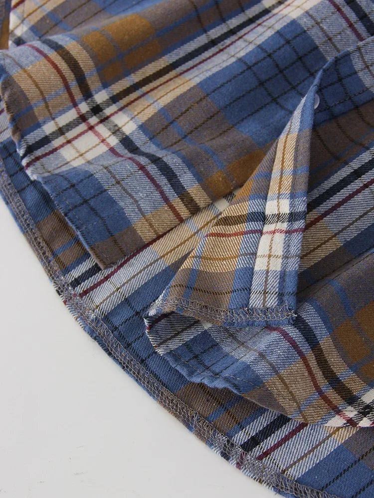 Streamgirl Oversized Plaid Shirt Women 2026 Spring Loose Vintage Long Shirts Full Sleeve Women Plaid Brown Oversized Shirt Blue
