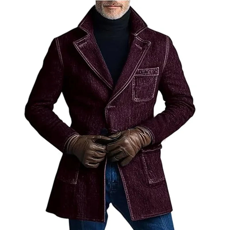 1940s Men's Washed Denim Trench Coat Mid Length Vintage Slim Fit Notched Lapel Faded Jean Coat For Business Casual Daily Wear