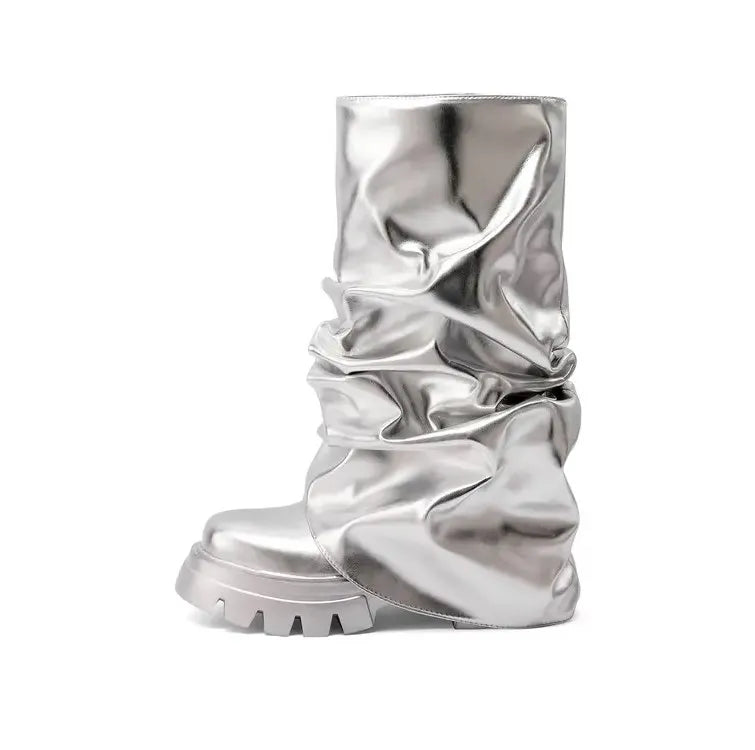 New Luxury Round Toe Chunky Heel Folding  Ladies Boots Fashion Street Shoot INS Metallic Nightclub Boots Woman