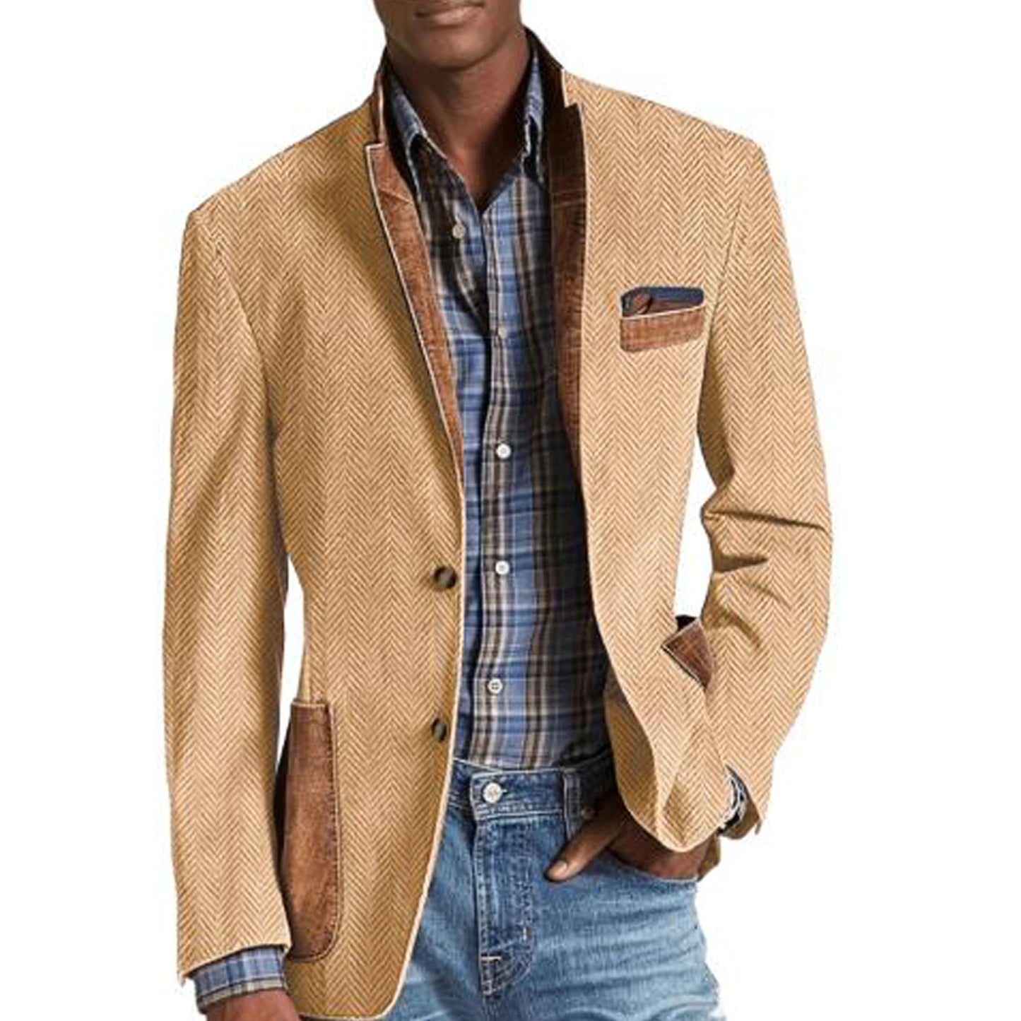 Vintage Men's Herringbone Blazer Casual Patchwork Suede Trim Notched Collar Suit Jacket Slim Fit Fashion Business Sport Coat