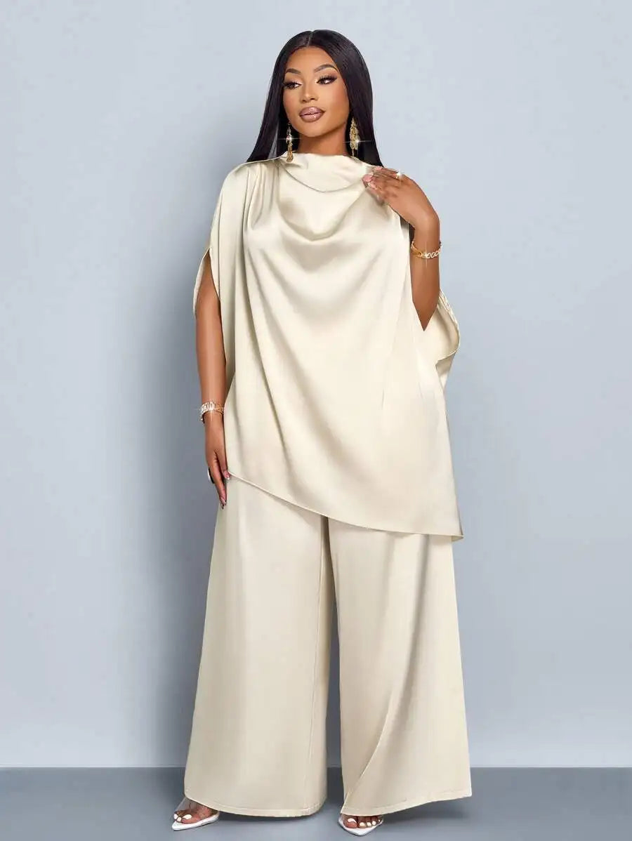 Women's Satin Mock Neck Asymmetrical Blouse & Straight Leg Pants Set, Elegant Plus Size Outfit for Fall