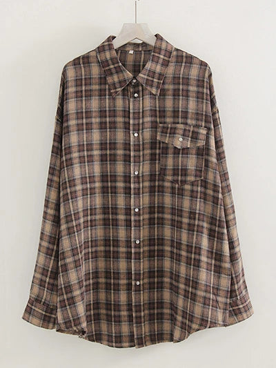 Streamgirl Oversized Plaid Shirt Women 2026 Spring Loose Vintage Long Shirts Full Sleeve Women Plaid Brown Oversized Shirt Blue