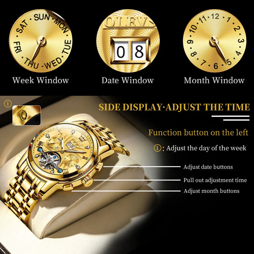 OLEVS Mechanical Watches Automatic Watch Men Waterproof Stainless Steel Strap Skeleton Gold Watch Male Wristwatch