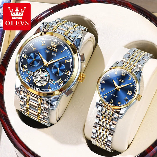 OLEVS 6607+6602 Original Men Women Watch Luxury Brand Tourbillon Mechanical Watch High end Romantic Lover Date Gift Couple Watch