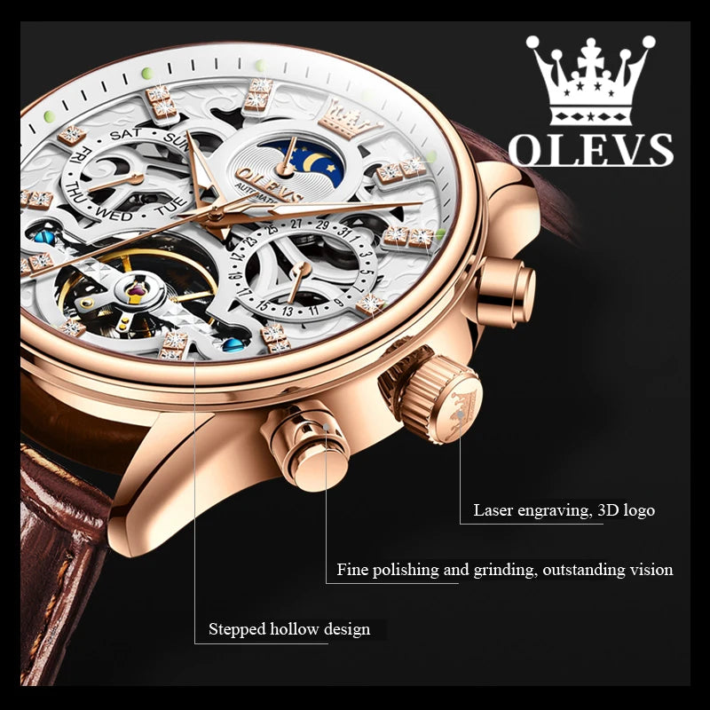 OLEVS Top Brand Men's Watches Fashion Skeleton Tourbillon Automatic Mechanical Wrist Watch for Men Waterproof Leather Strap New