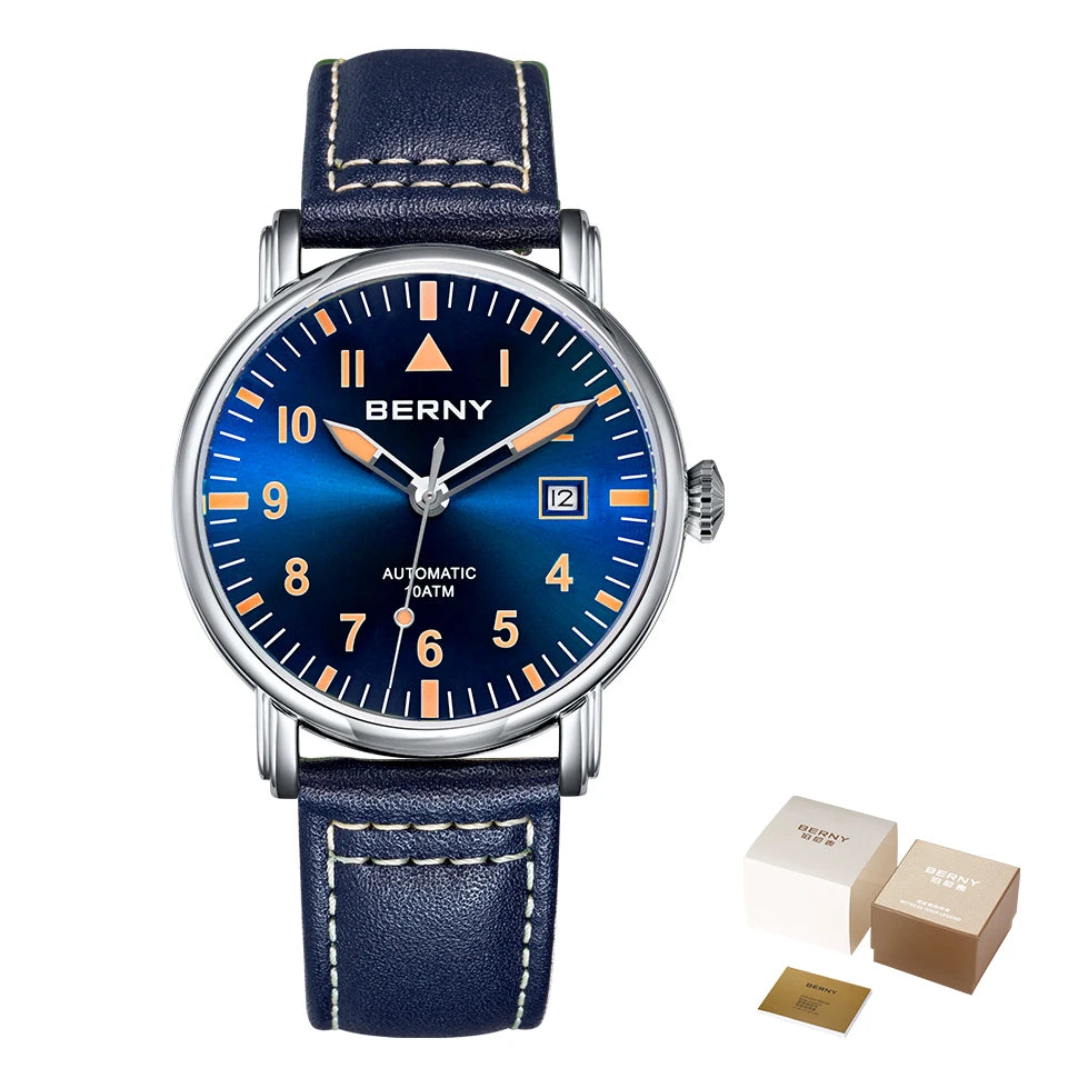 BERNY Aviation Automatic Watch Men Mechanical Luminous Army Military Classic Watch Sapphire Waterproof 100m Diver Wristwatch Men