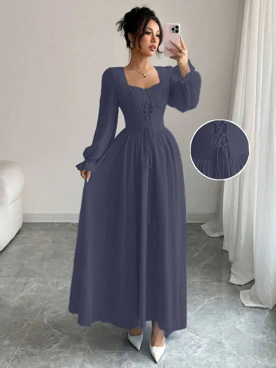 Elegant Blue Long Sleeve Maxi Dress with Corset Lace-Up Waist, Square Neck, Ruffled Cuffs for Spring Summer Events