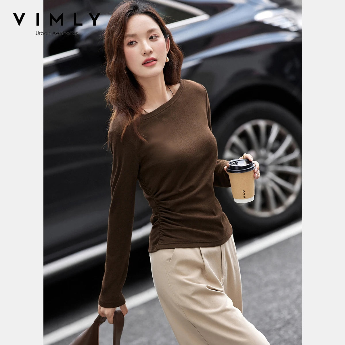 VIMLY Tops Woman 2026 Spring Fall Slash Neck Long Sleeve Ladies T-shirts Casual Knitted Slim Fit Strecth Female Tees A3039