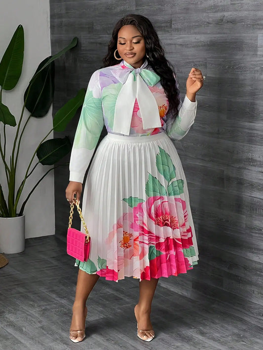 Slaydiva Plus Size Floral Print Blouse & Pleated A-Line Skirt Set for Women, Elegant Spring Summer Outfit