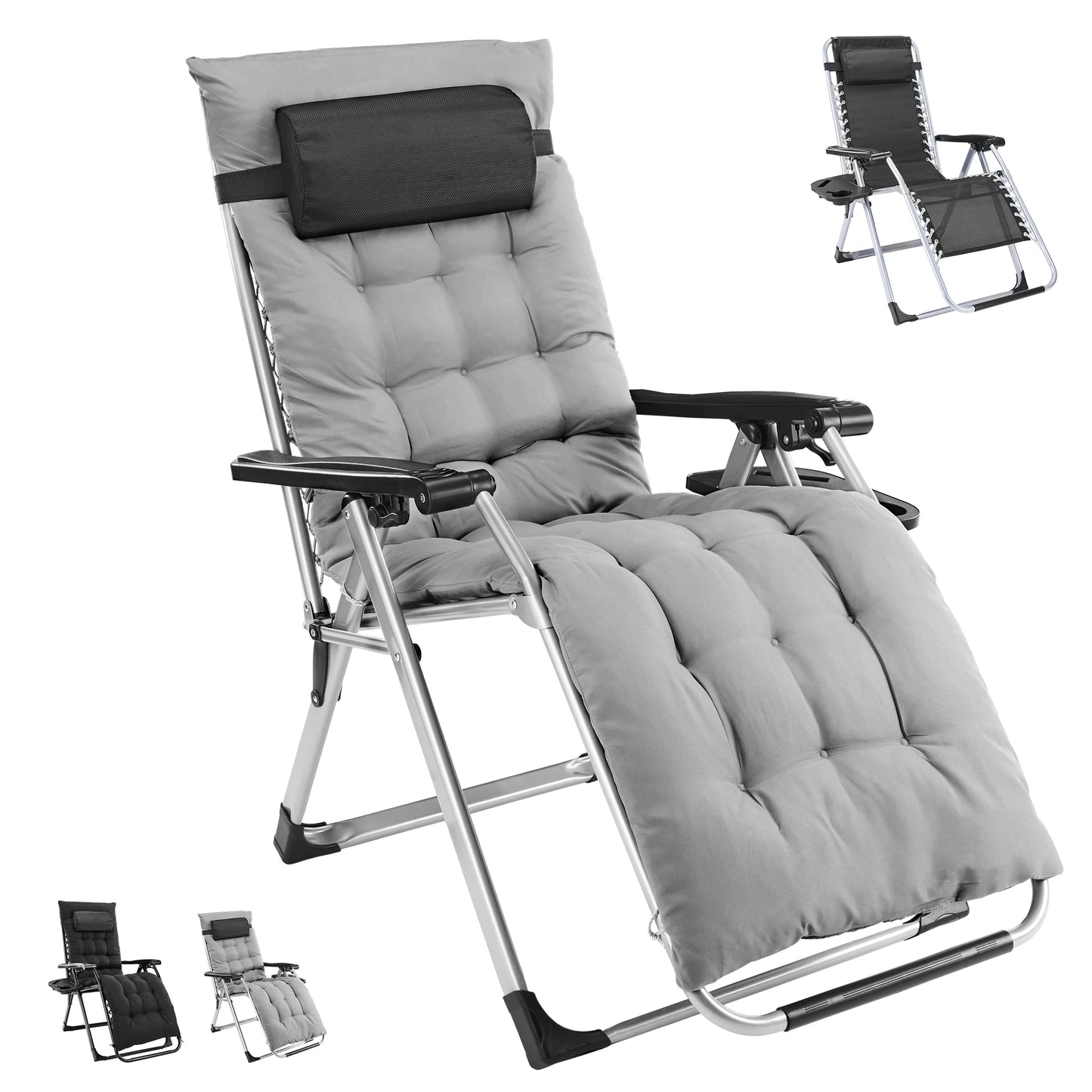 JHK Zero Gravity Reclining Camping Lounge Chair for Outdoor Soft Cushion Patio Chairs with Cup Holder Trays and Removable Cushion Folding Recliner for Indoor