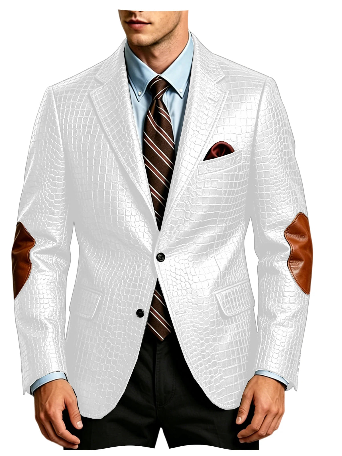 Luxury Men's Crocodile Embossed Leather Blazer Notched Lapel Elbow Patches 2 Button Slim Fit Jacket Business Casual For Wedding