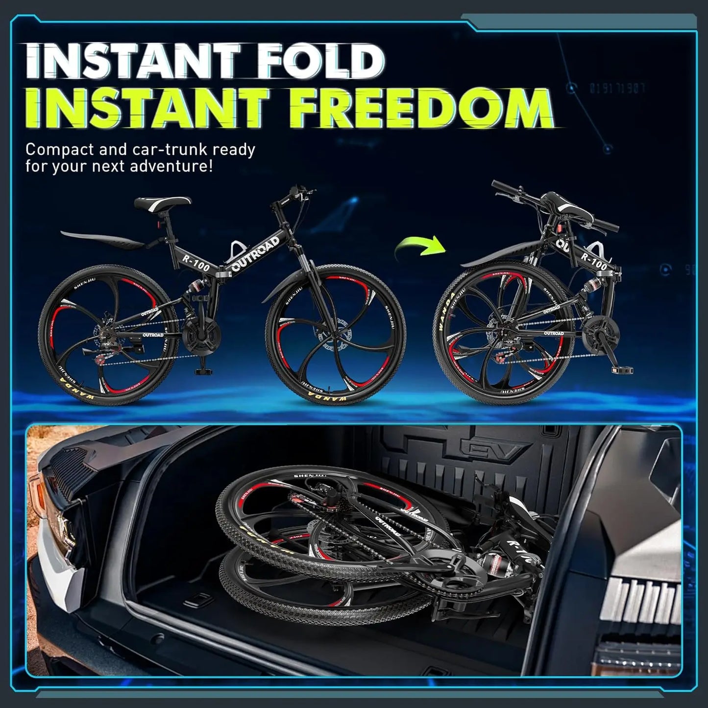 26 inch Folding Mountain Bike, Carbon Steel Frame and 21 Speed, Double Disc Brake and Dual Suspension Folding Bike