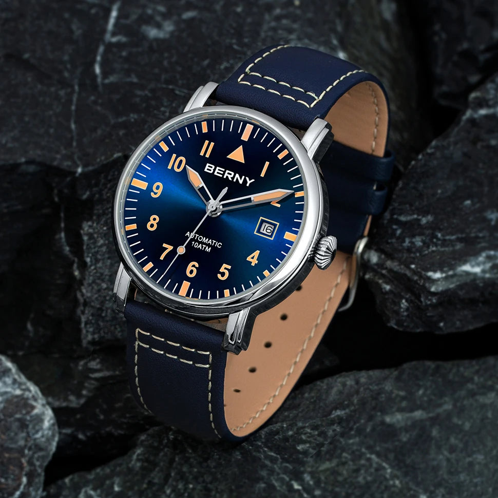 BERNY Aviation Automatic Watch Men Mechanical Luminous Army Military Classic Watch Sapphire Waterproof 100m Diver Wristwatch Men