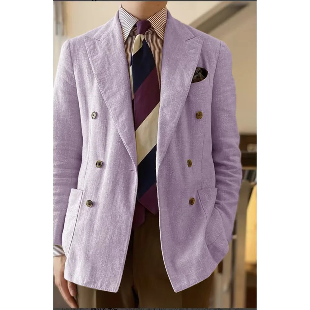 Elegant Men's Linen Blazer Double Breasted Peak Lapel Breathable Lightweight Fashion Casual Jacket Old Mmoney Aesthetic Business