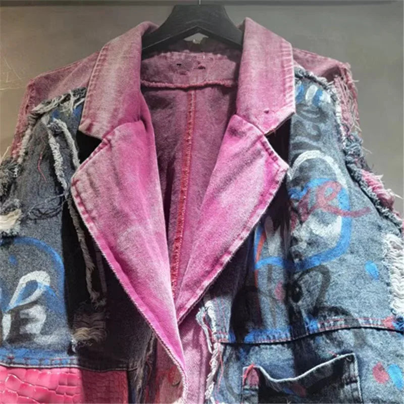 DEAT Women Denim Waistcoat Turn-Down Collar Burrs Edge Tassel Do Old Graffiti Single Button Vest 2026 Spring New Fashion 29A5833