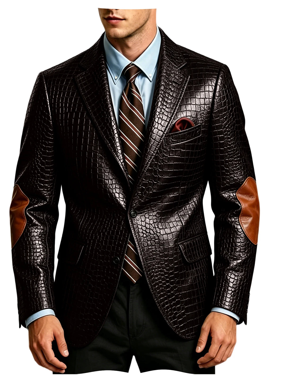 Luxury Men's Crocodile Embossed Leather Blazer Notched Lapel Elbow Patches 2 Button Slim Fit Jacket Business Casual For Wedding