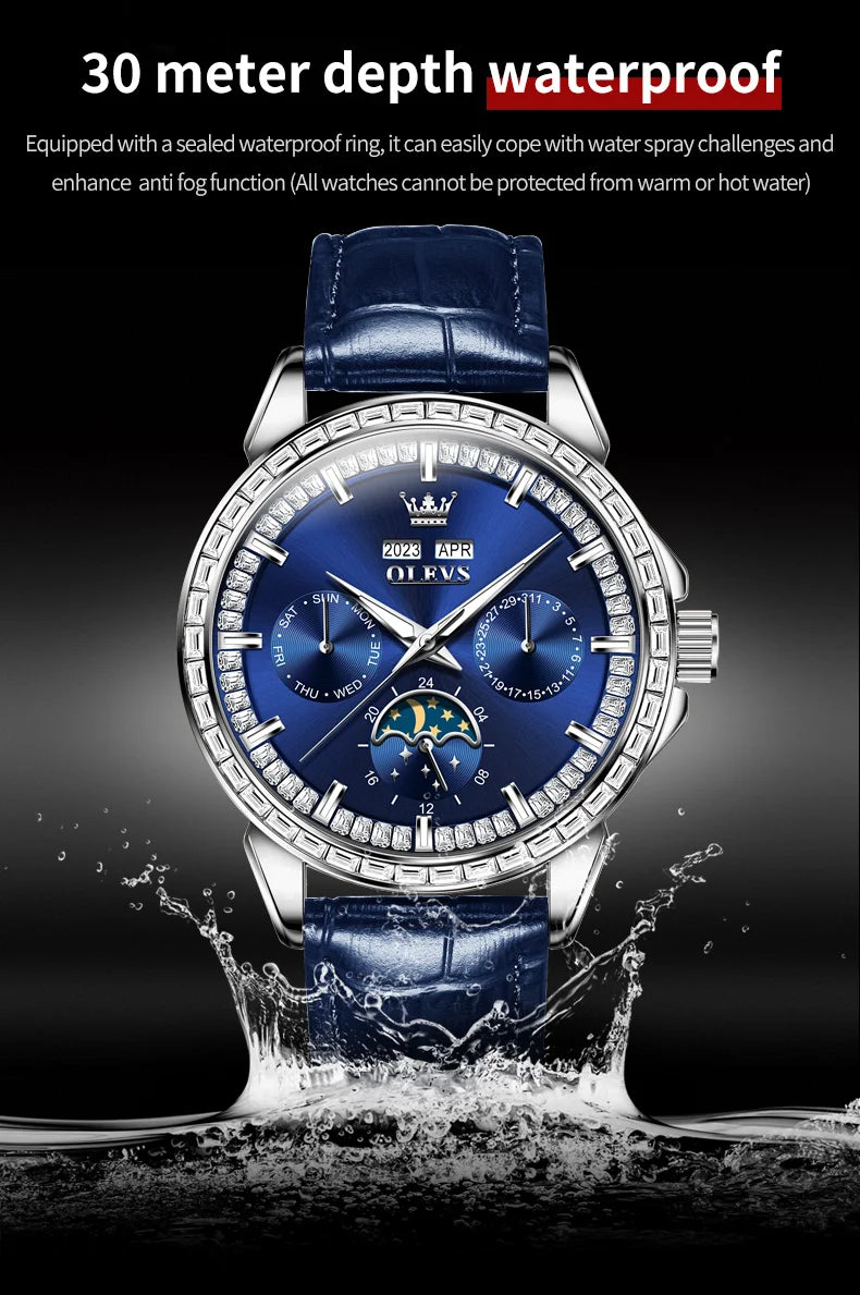 OLEVS 6695 NEW Men's Watches Full Diamond Multifunctional Dial Blue Leather Strap Calendar Week Moon Phase Waterproof Wristwatch
