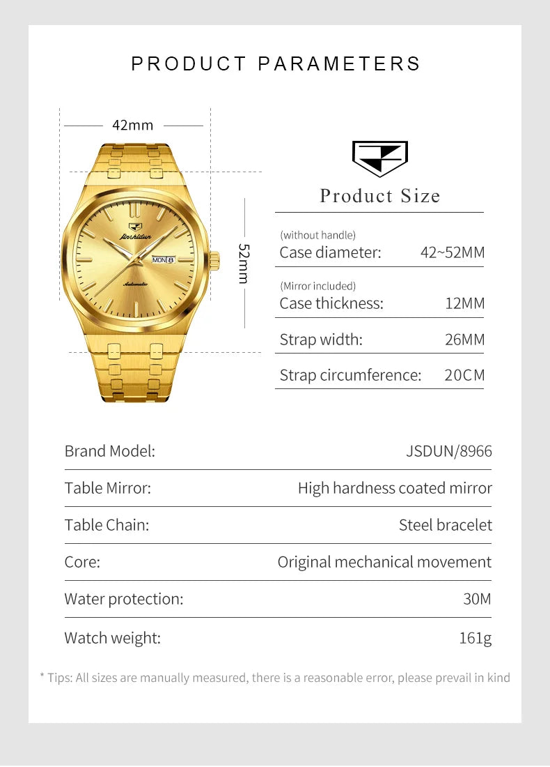 JSDUN 8966 Full Gold Watch for Men Automatic Mechanical Dual Calendar Display Waterproof Night light Man Wristwatch