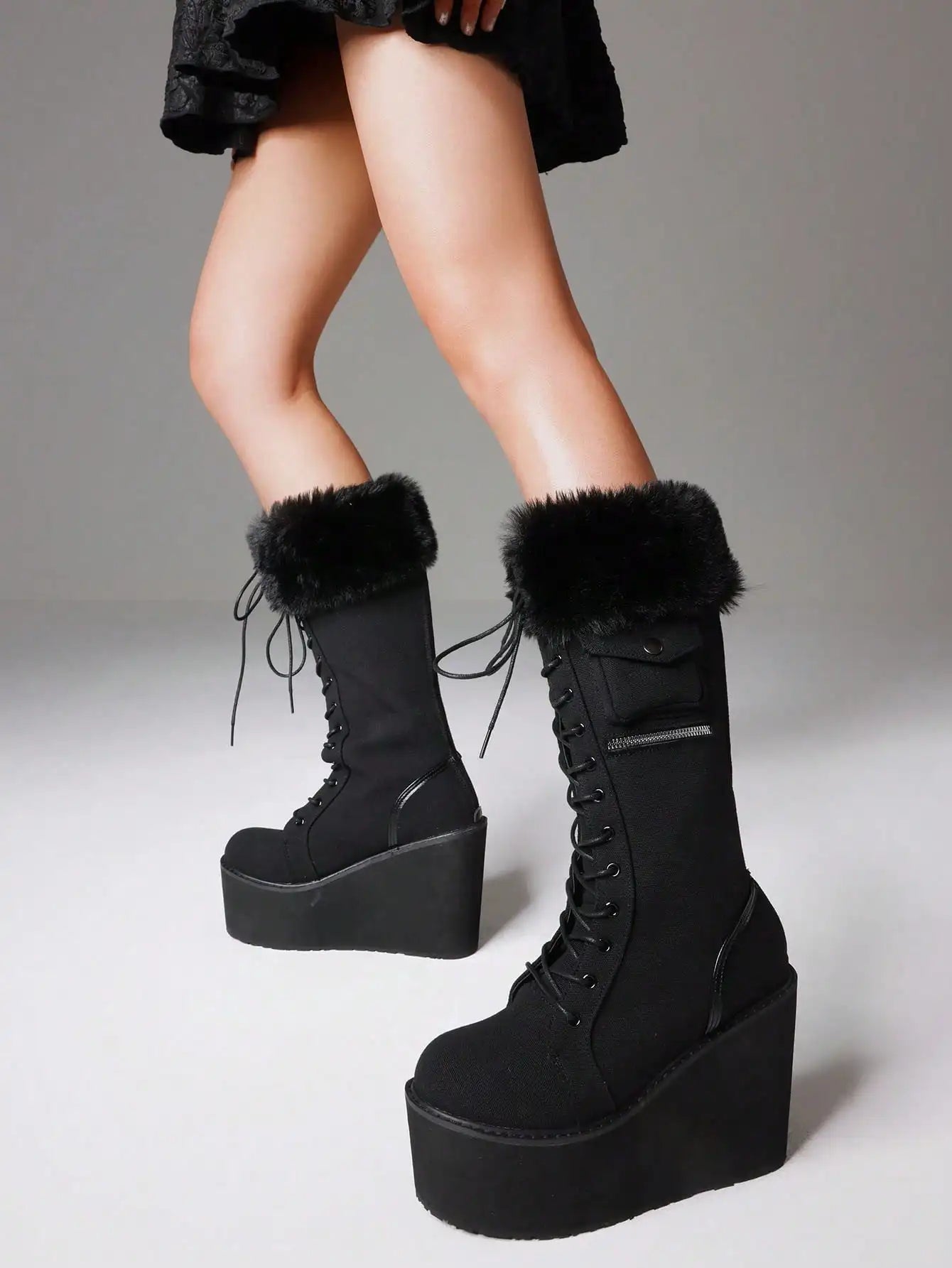 Punk Gothic Women Combat Boots Chunky Wedges Heel Fur Mid Calf Platform Luxury Winter Halloween Shoes Woman