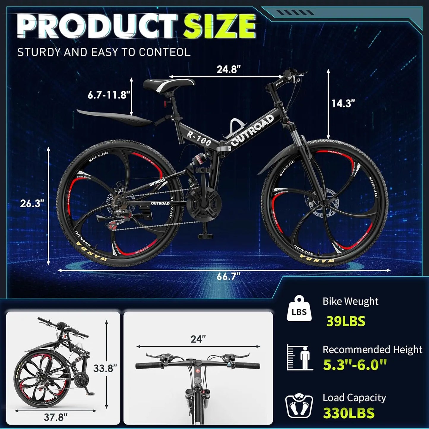 26 inch Folding Mountain Bike, Carbon Steel Frame and 21 Speed, Double Disc Brake and Dual Suspension Folding Bike