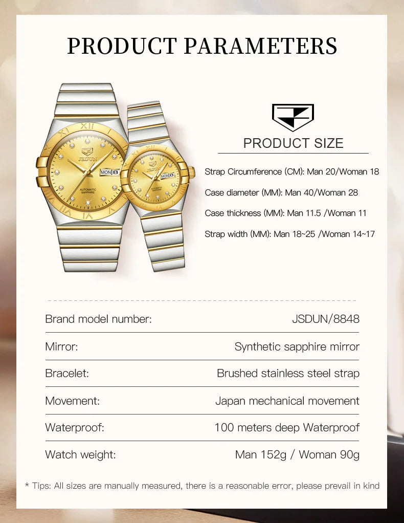 JSDUN Automatic Couple Watches Japan Movement Sapphire Mirror 100M Waterproof Luxury Diamond Gold Watch Lover's Watch Set Gift
