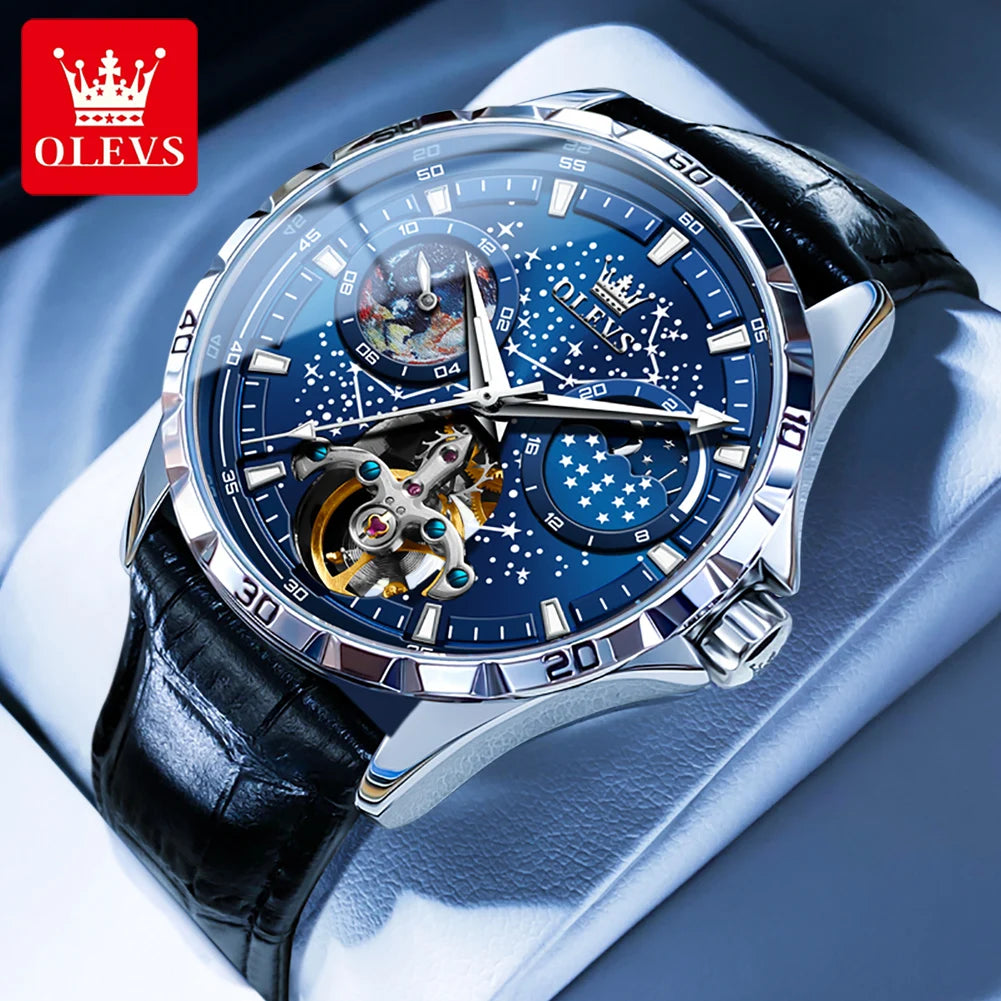 OLEVS Men's Watches Waterproof Multifunctional Luminous Fully Automatic Mechanical Watch Moon Phase Starry Original TOP Brand